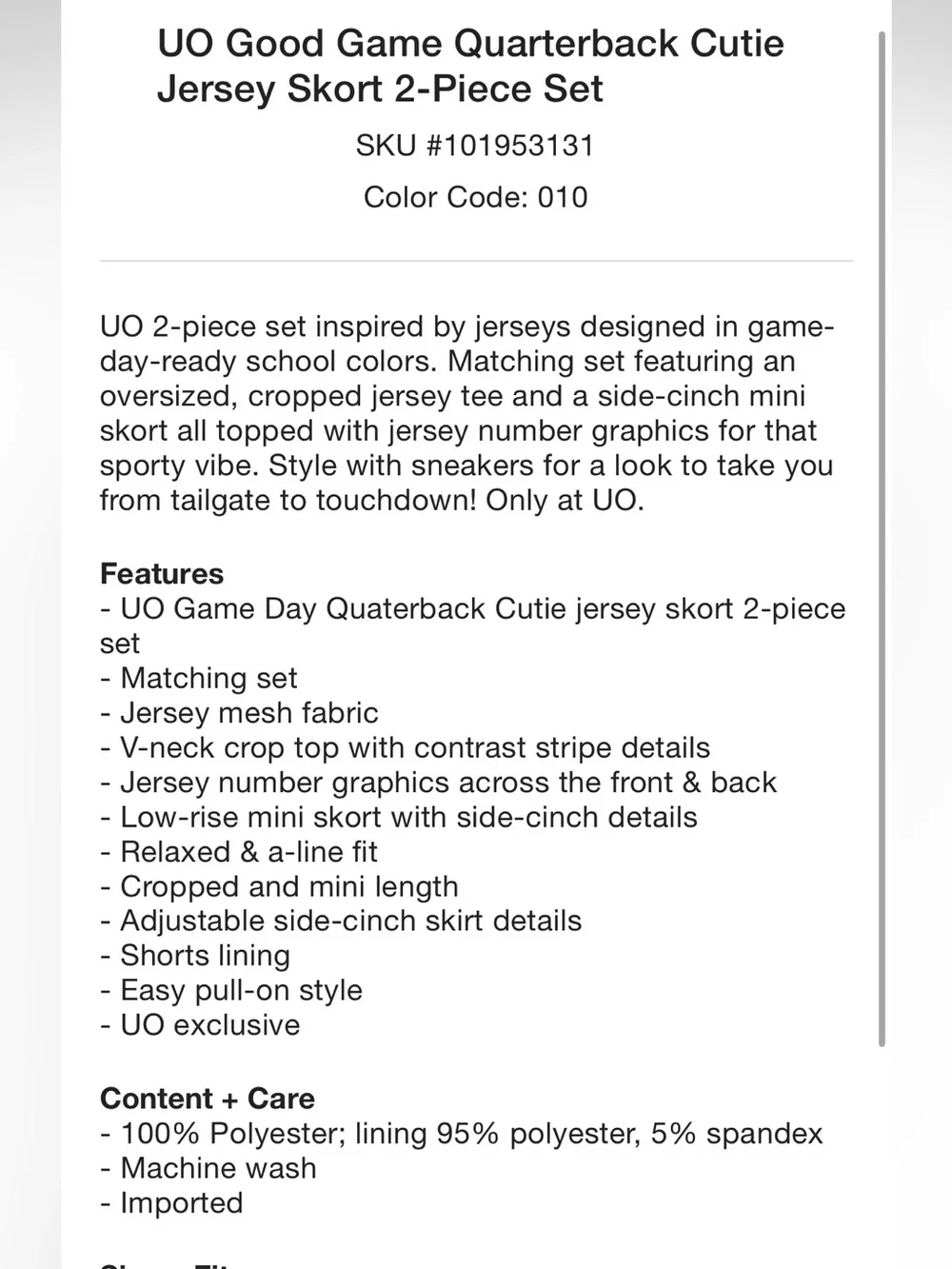 NEW Urban Outfitters Good Game Quarterback Cutie Jersey Skort 2-Piece Set L